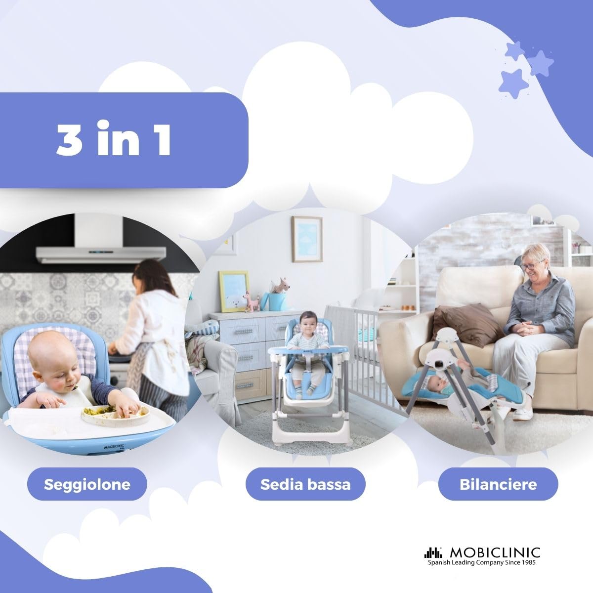 Mobiclinic®, Seggiolone a dondolo evolutivo, 3 in 1, 6-36 mesi, 15 kg, Pieghevole, Regolabile altezza e sullo schienale, Doppio vassoio rimovibile, Rotelle 360°, Imbracatura 5 punti