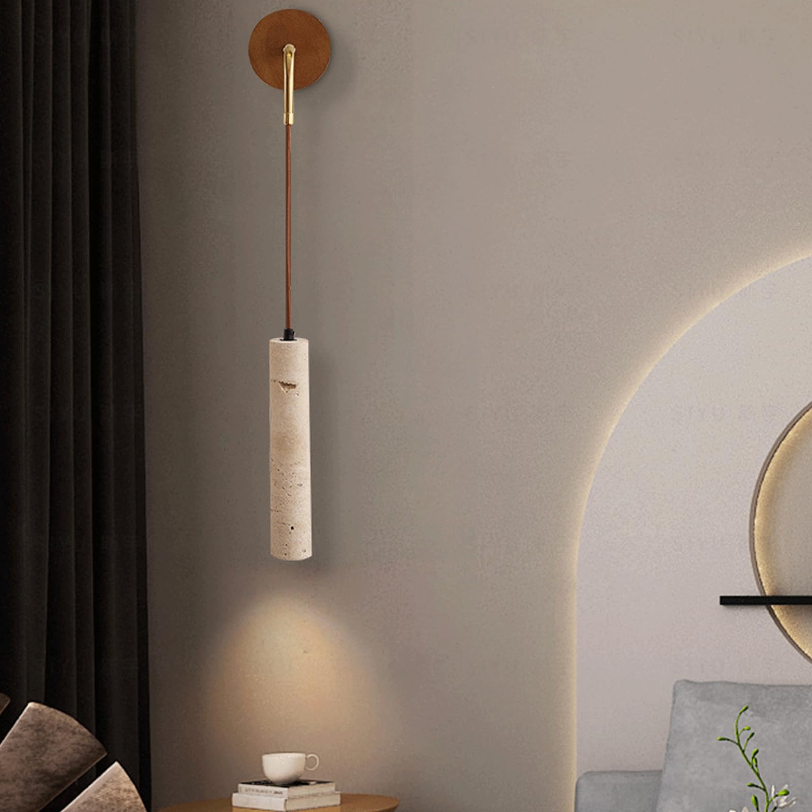 HUAYUSEDF Japanese Style Yellow Marble Wall Lamp Bedside Bedroom Living Room Cylindl Travertine Sconce Stair Corridor Decor Spotlight Light