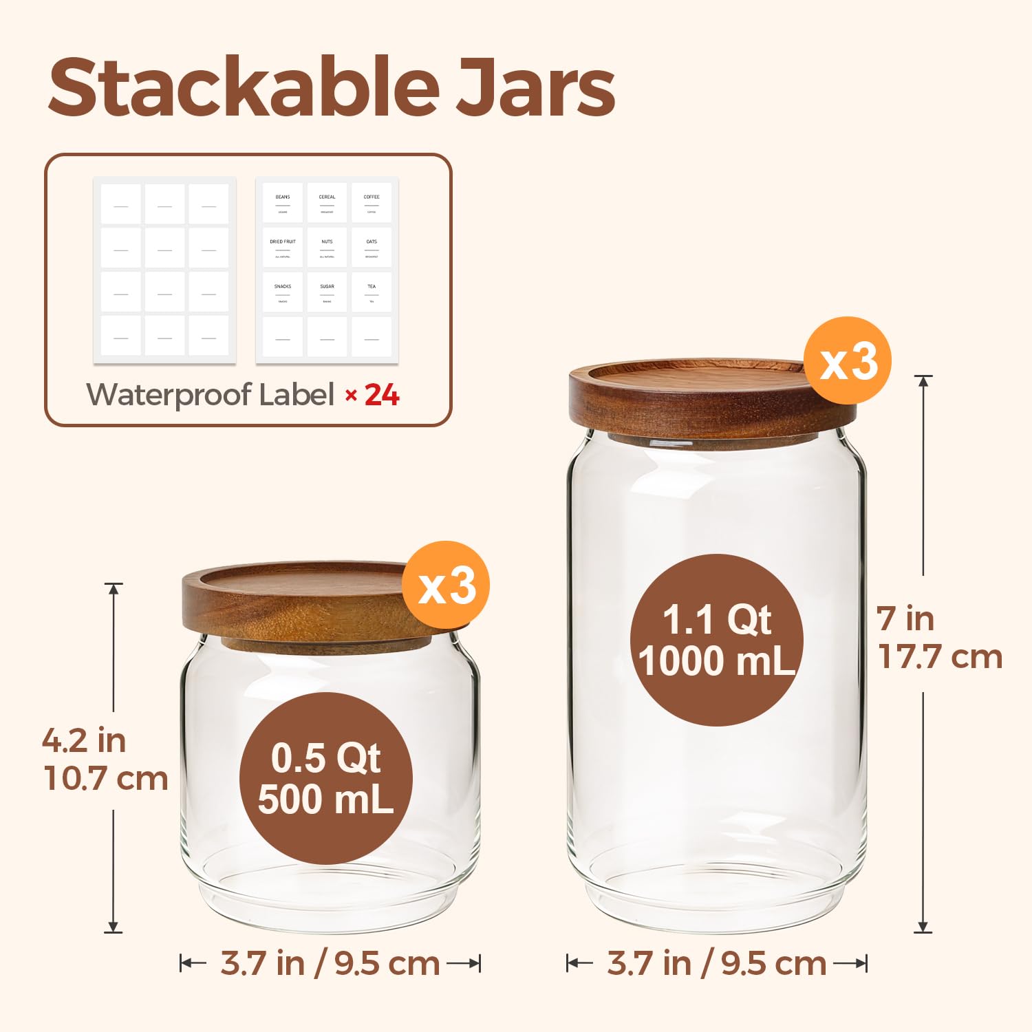 ComSaf Set di 6 contenitori ermetici in vetro con coperchi (0,48 Qt/0,88 Qt), contenitori per alimenti da cucina, dispensa, barattoli di vetro per farina, cereali, zucchero, tè, chicchi di caffè