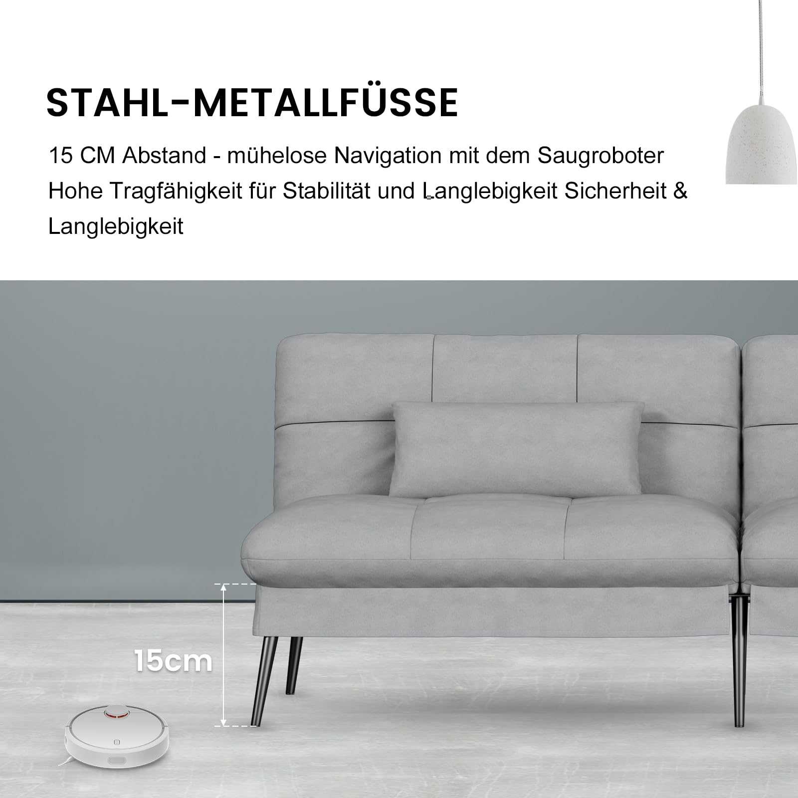COMHOMA Schlafsofa mit Schlaffunktion – Futonbezug ausklappbar – Ecksofa – Gästesofa 3-Sitzer – mit Verstellbarer Rückenlehne aus grauem Stoff
