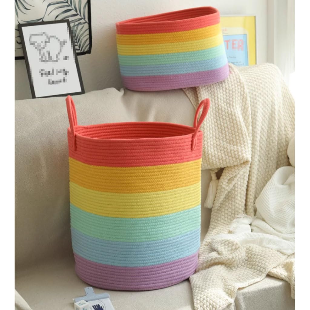 Regenbogen-Wäschekorb, Baumwollseil, gewebt, für schmutzige Kleidung, Spielzeug, Aufbewahrungskorb, Haushaltswäschekorb für Wohnzimmer, Schlafzimmer, Badezimmer