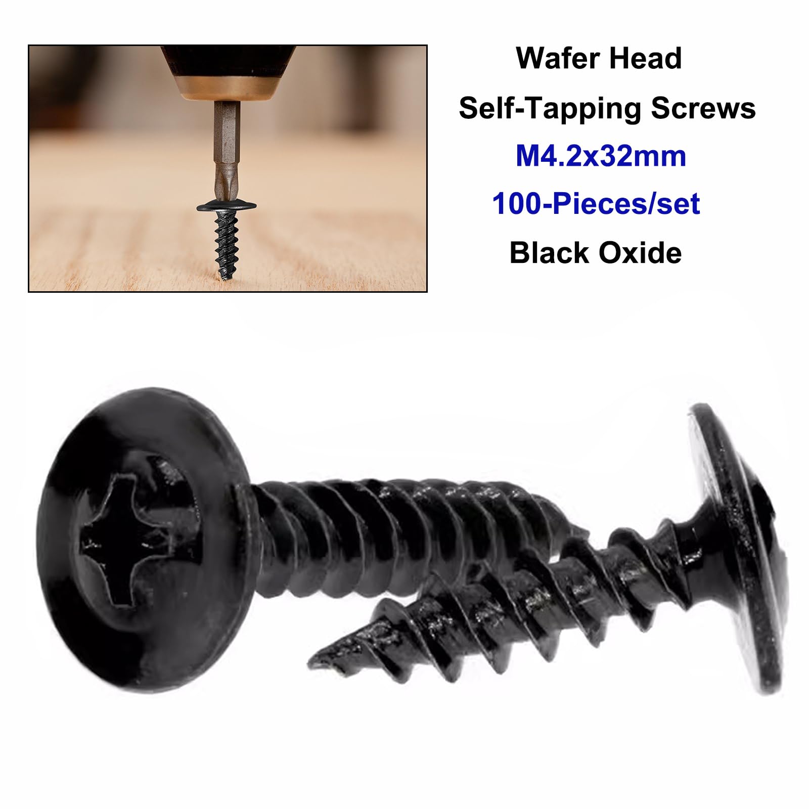 FandWay 100Pcs Wafer Head Self Tapping Screws,M4.2x32mm Wood Screws Black,Modified Truss Head Self Drilling Screw,Carbon Steel Sheet Metal Screw for Aluminum WoodWork Plastics - Image 2