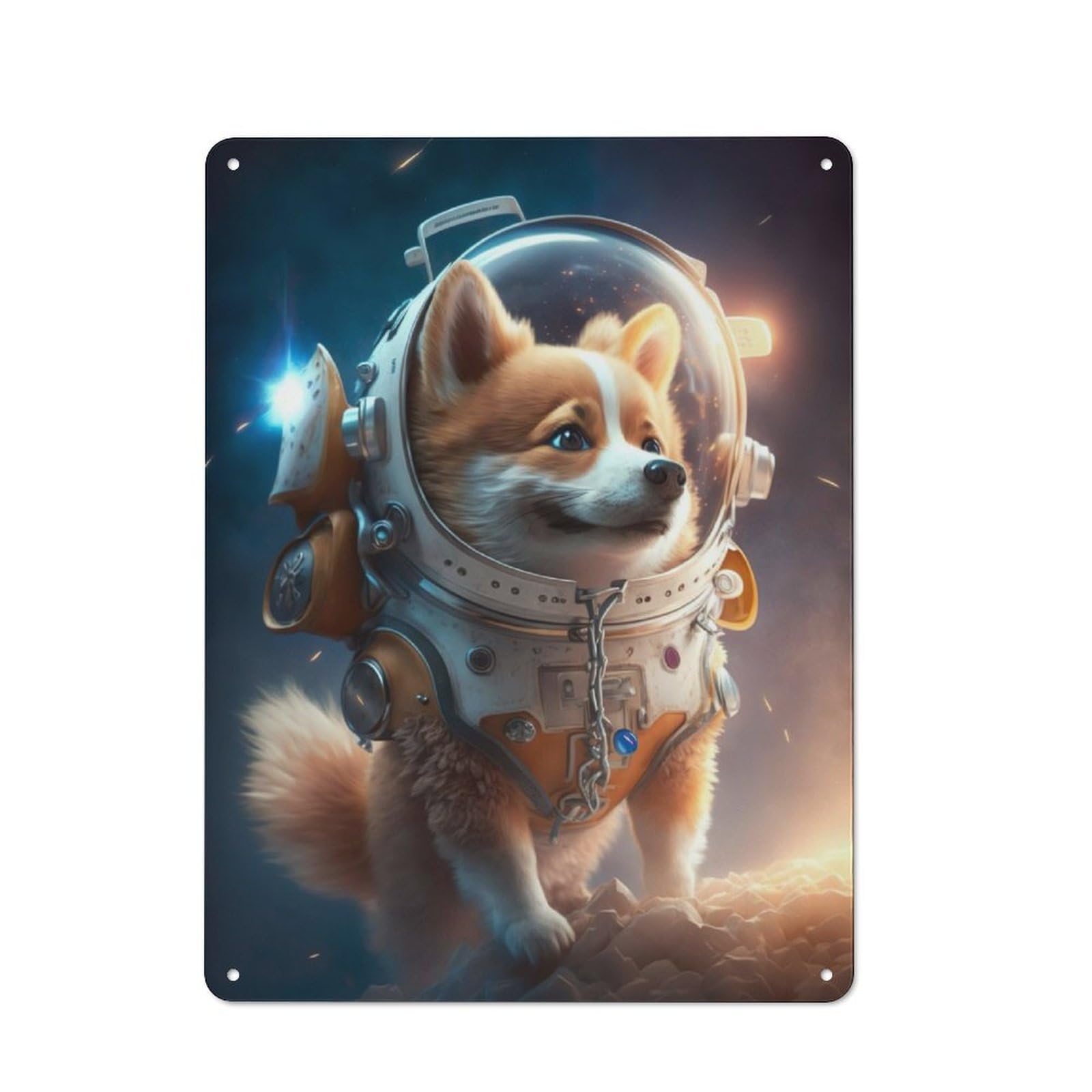 Junmoney Astronaut Space Corgi Dog 40X30cm Rustic Tin Sign With For Studio Or Craft Room, Tin Sign Wall Decor For Studios And Craft Rooms