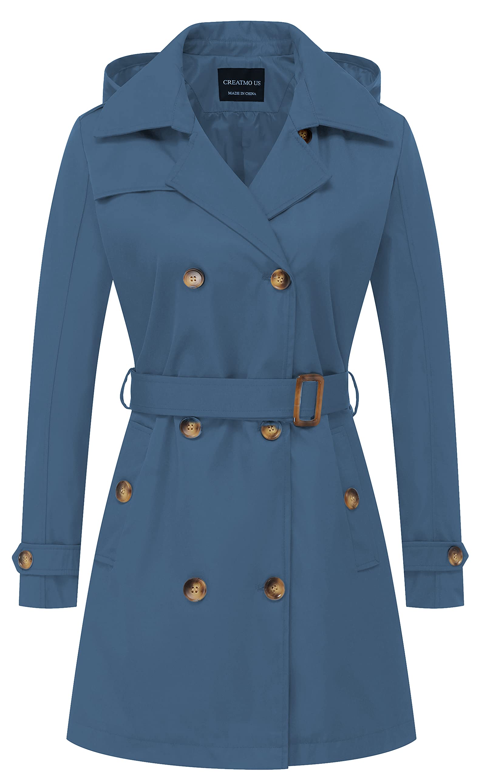 CREATMO US Women's Trench Coat Double-Breasted Classic Lapel Overcoat Belted Slim Outerwear Coat with Detachable Hood