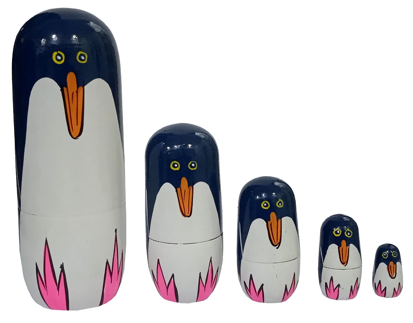 Purpledip Wooden Nesting Dolls Penguin: Set of 5 Hand Painted Russian Matryoshka Decorative Boxes (11702B)
