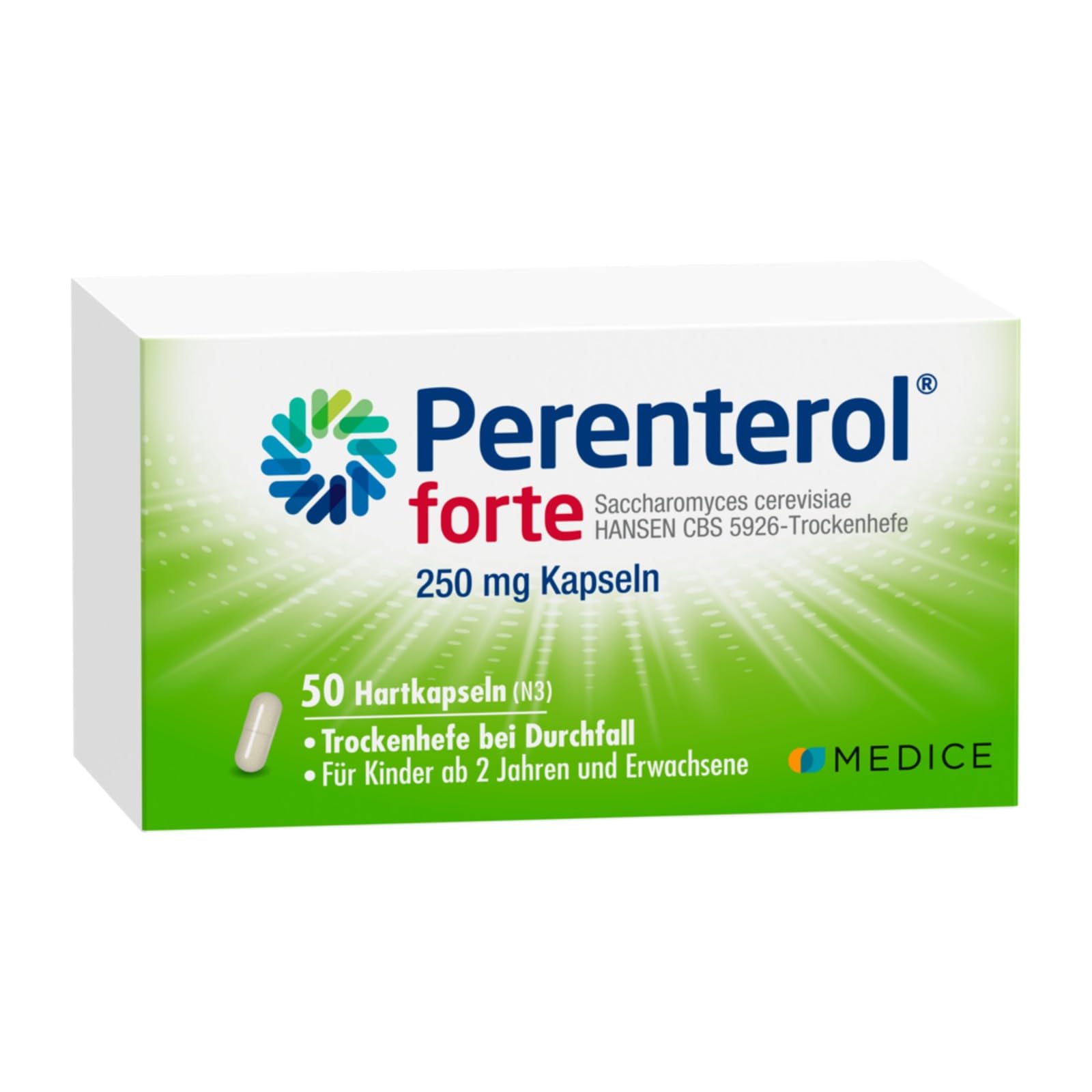 Perenterol forte 250 mg 50 Kapseln - Durchfall Medikament zur Vorbeugung & Behandlung von akutem Durchfall - entzündungshemmend - verhindert übermäßigen Flüssigkeitsverlust