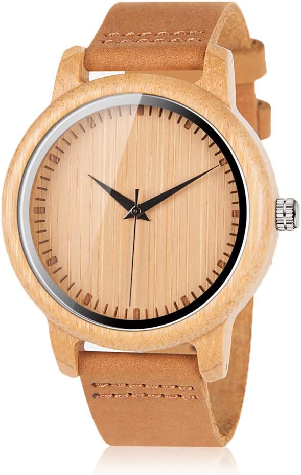 Men's Women's Bamboo Wooden Watch with Brown Cowhide Leather Strap Analog Quartz Casual Watches