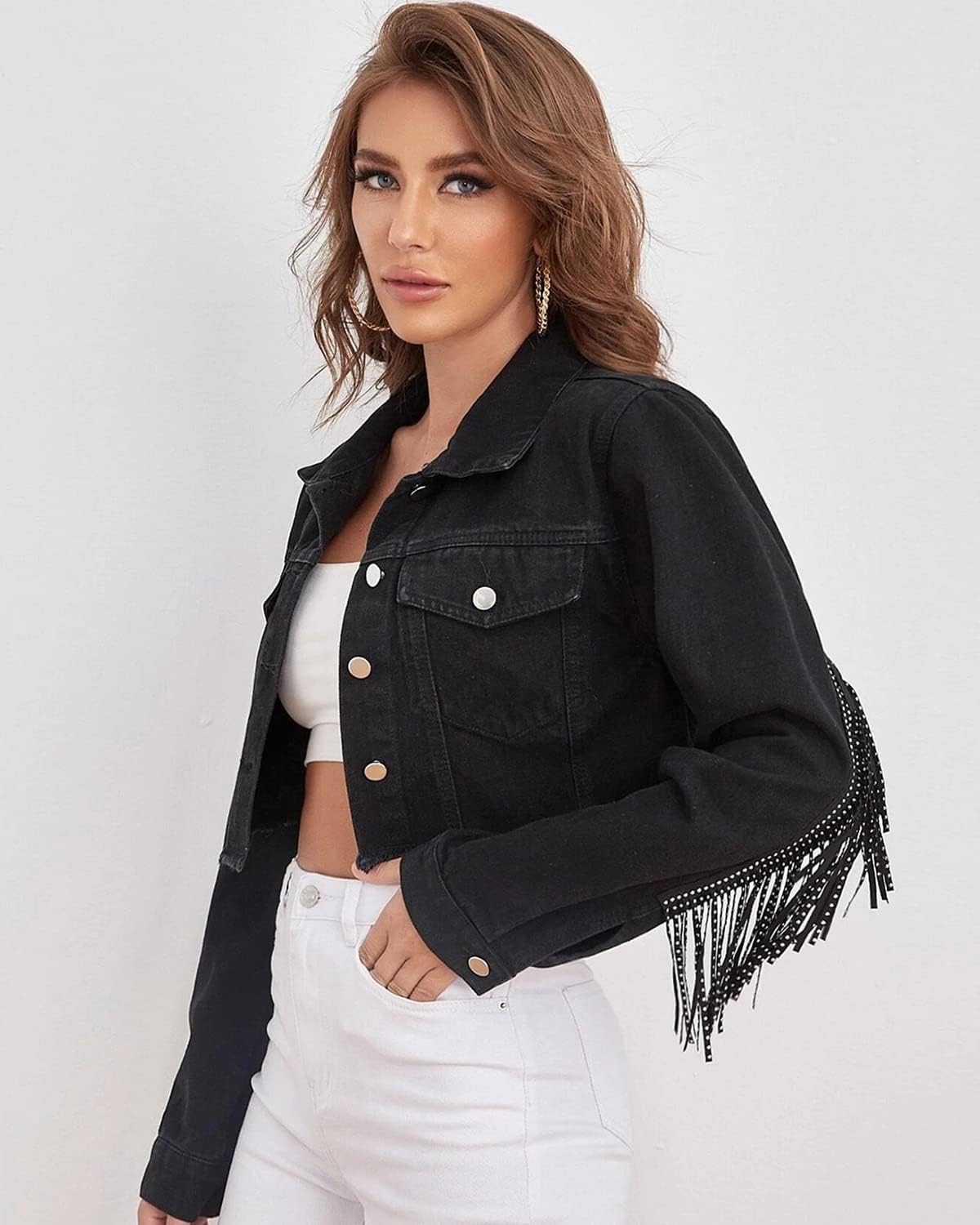 Women's Fringe Jean Jacket Tassel Distressed Ripped Crop Denim Jackets - Image 3