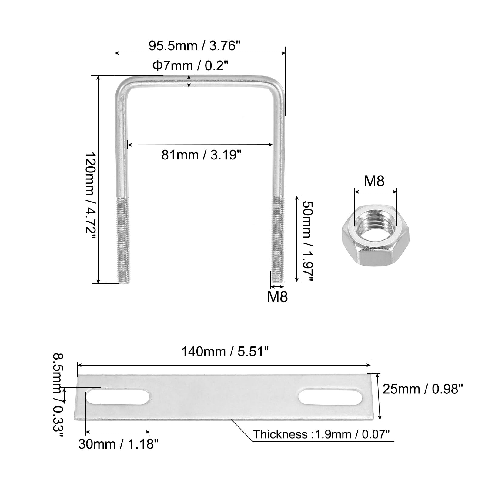PATIKIL M8x80x120mm Square U-Bolts Kit - Image 2