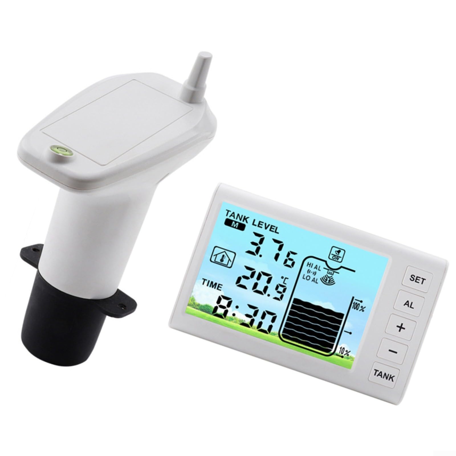 Kabelloser Wasserstandsanzeiger 1-5 m Reichweite, 4,3 Zoll Display Tank Monitor mit Alarm bei niedrigem Niveau, IP65 wetterfester Sensor für und Heimgebrauch, Weiß