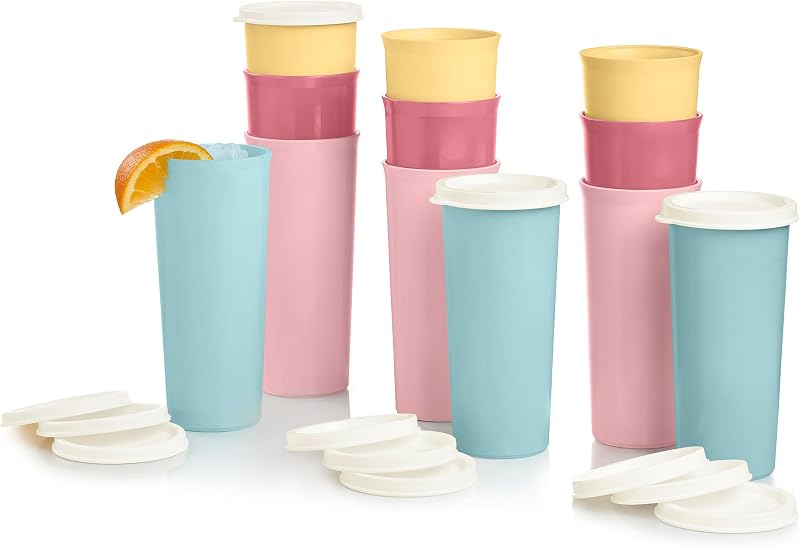 Juego de vasos Tupperware en multicolor, 12 unidades, aptos para lavavajillas y sin BPA (12 vasos, 12 tapas, 16 fl oz cada uno)