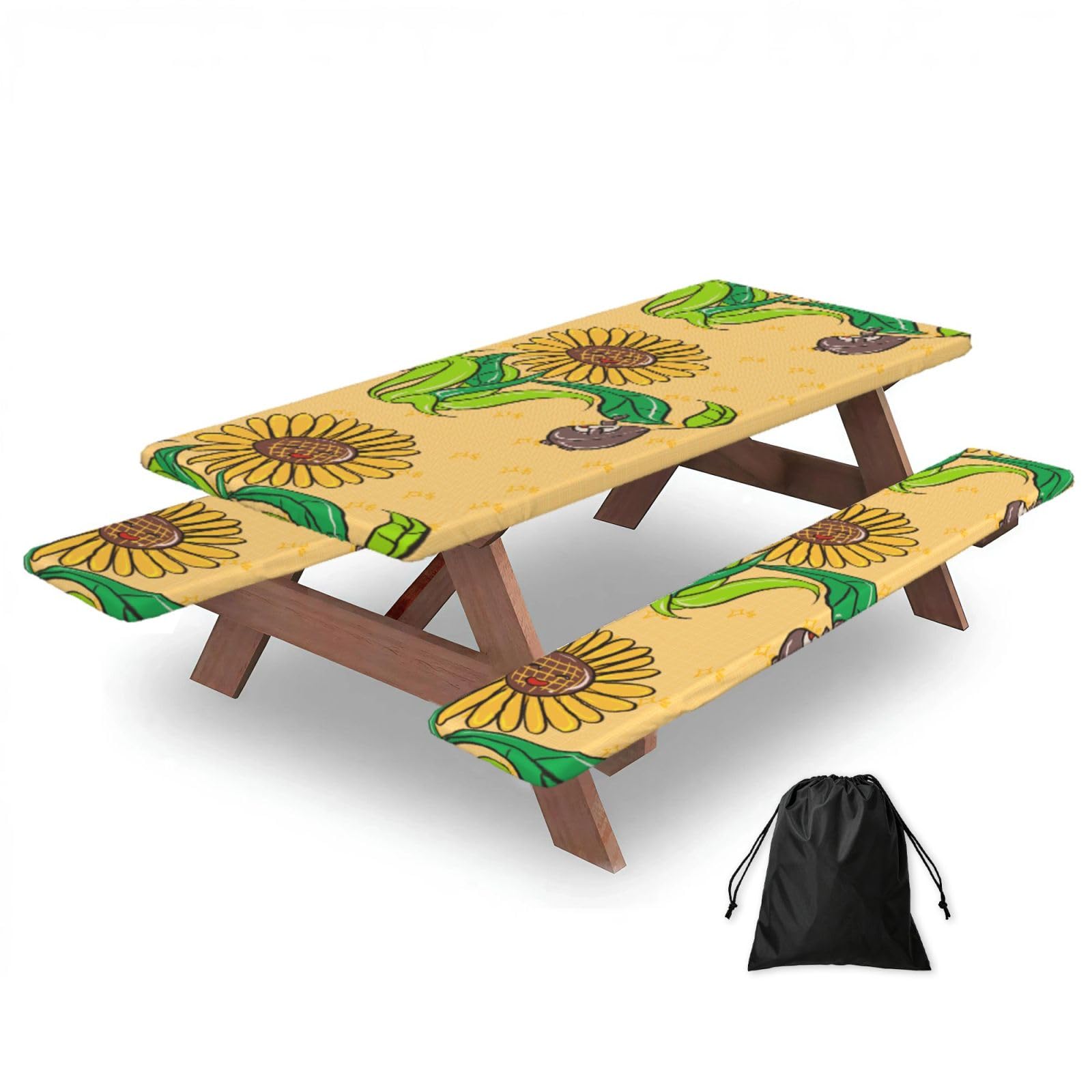 Erwqavc Black Sunflower Seeds And Sunflowers Print Picnic Table Cover & Bench Covers 3-Pack Set, Elastic Tablecloths For 6 Ft Rectangle Tables