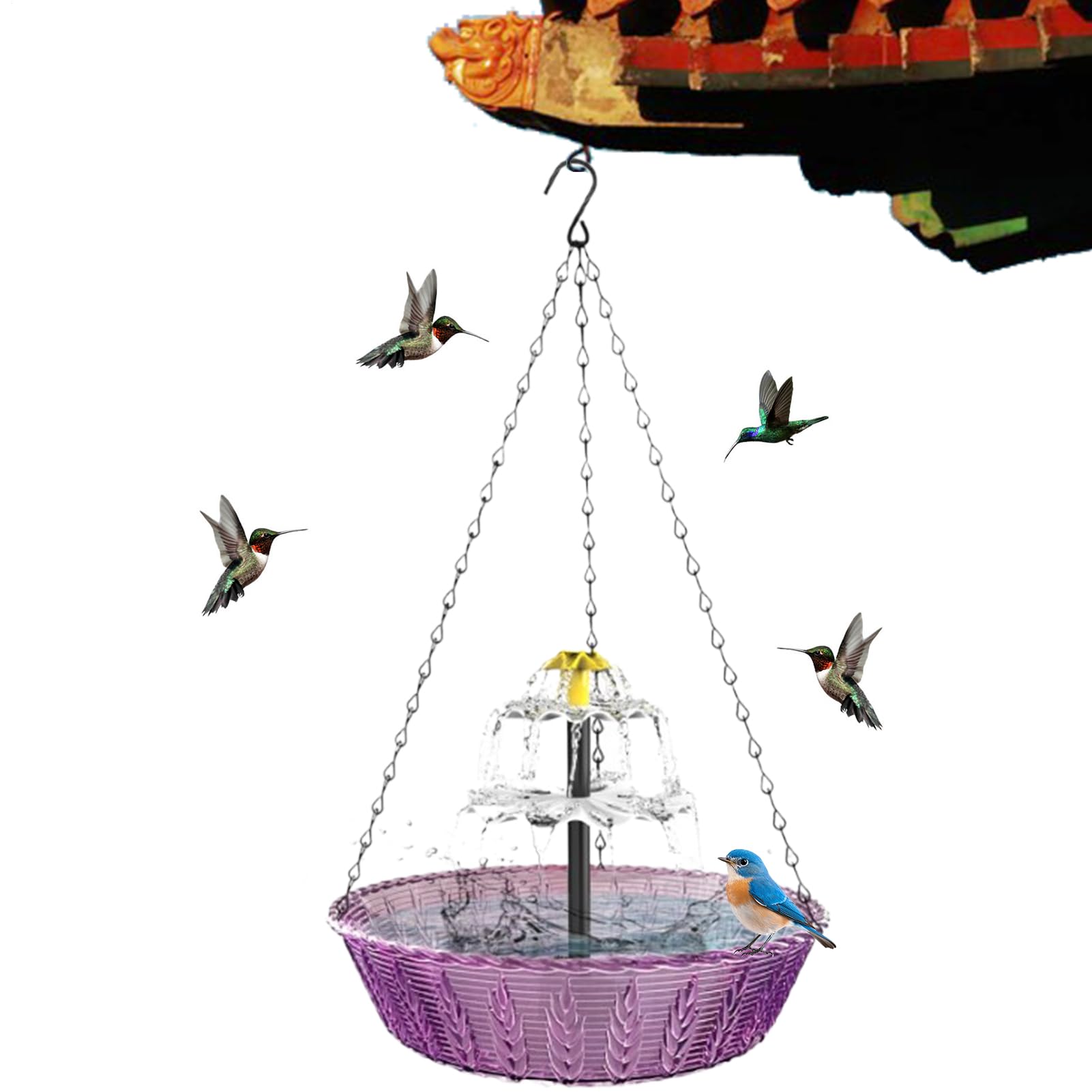 Ruhnjyg Hanging Bird Bath Fountains Solar Powered, Hanging Bird Baths Bowl Solar Powered Water Fountain Combo Set, Balcony Birds Bath, Water Feature For Birds, Outdoor, Metal, 24x6.5cm