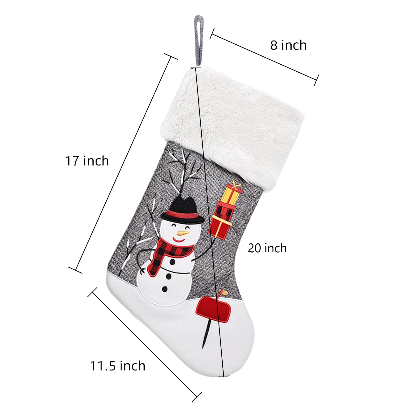 CARAKNOTS Weihnachtsstrümpfe Set mit 6 grauen Jute-Weihnachtsstrümpfen Kunstpelz große Strümpfe Weihnachten für Familie Kinder Weihnachtsmann Schneemann Elch Pinguin Baum Ingwer Xmas Bauernhaus Kamin