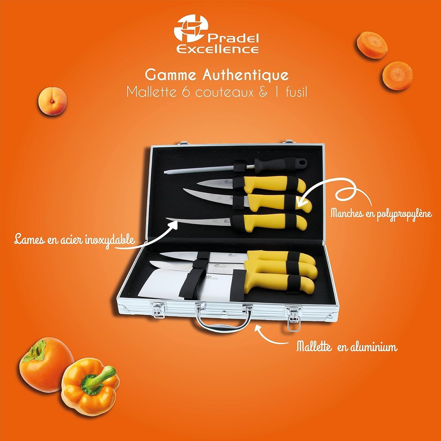 Pradel Excellence - PCOT005009 - Mallette Couteaux de Boucher 8 Pièces - Gamme Authentique - 5 Couteaux + 1 Couperet + 1 Fusil d’Affûtage - Lames Inox - Manches Polypropylène - Lave-Vaisselle