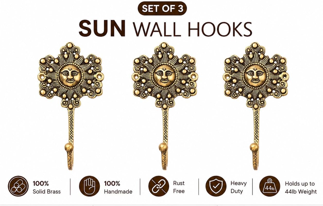 Brass Sun Boho Wall Hooks, Set of 3, Antique Brass Finish | Decorative Vintage Coat Hooks, Wall Mount Key Holder, Heavy Duty Towel & Robe Hooks, For Bathroom, Entryway, Kitchen, Homes