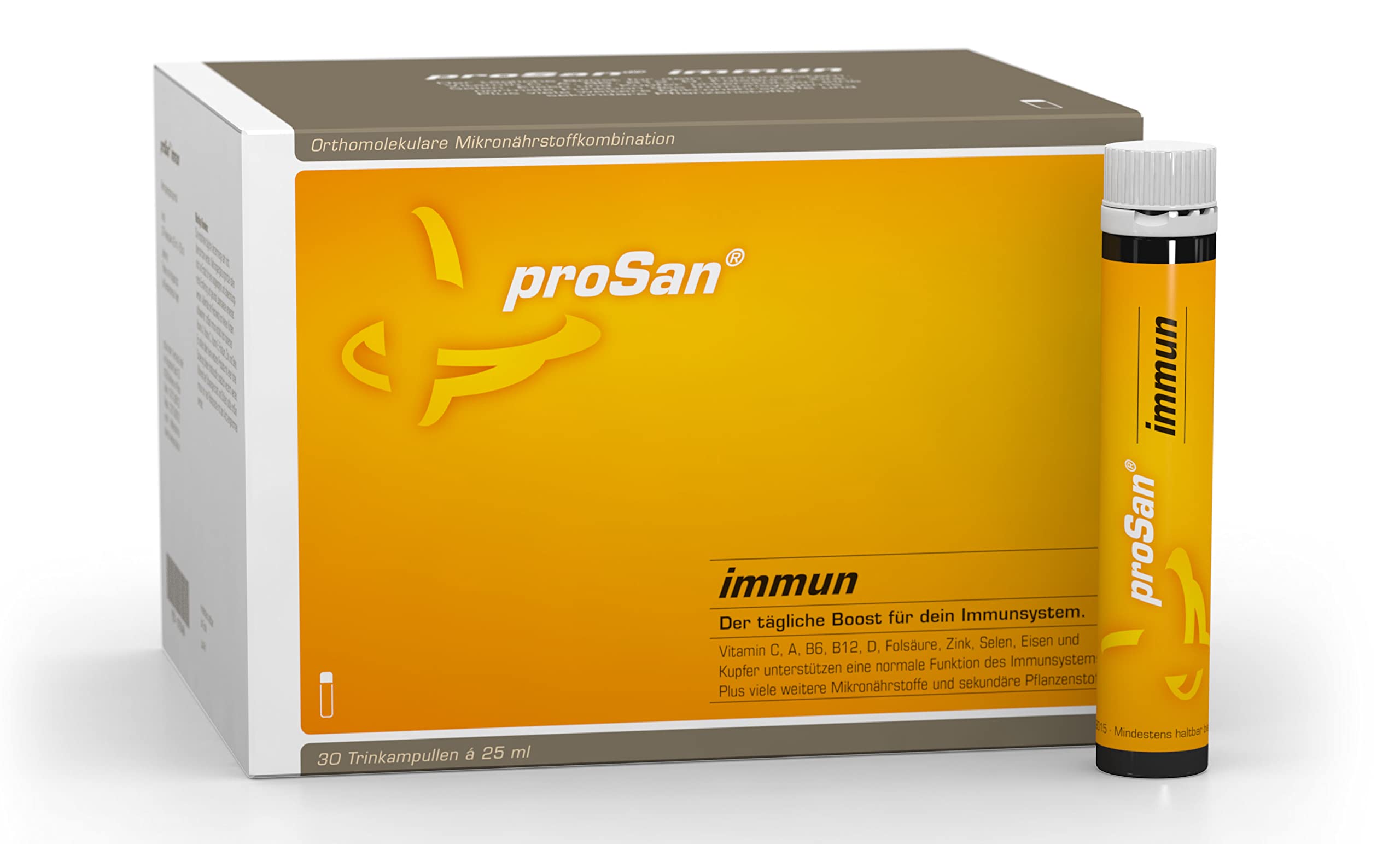 proSan Immun Trinkampullen (Monatspackung: 30 Stück) | Immunsystem-Boost, Vegetarisch, Hochdosiert, Vitamin C + weitere Vitamine, Mineralstoffe und OPC