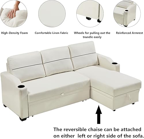 Miniatura 4 de Sofá modular reversible, sofá cama convertible beige con diván de almacenamiento, sofá tapizado en forma de L con 2 portavasos, sofás de lino para
