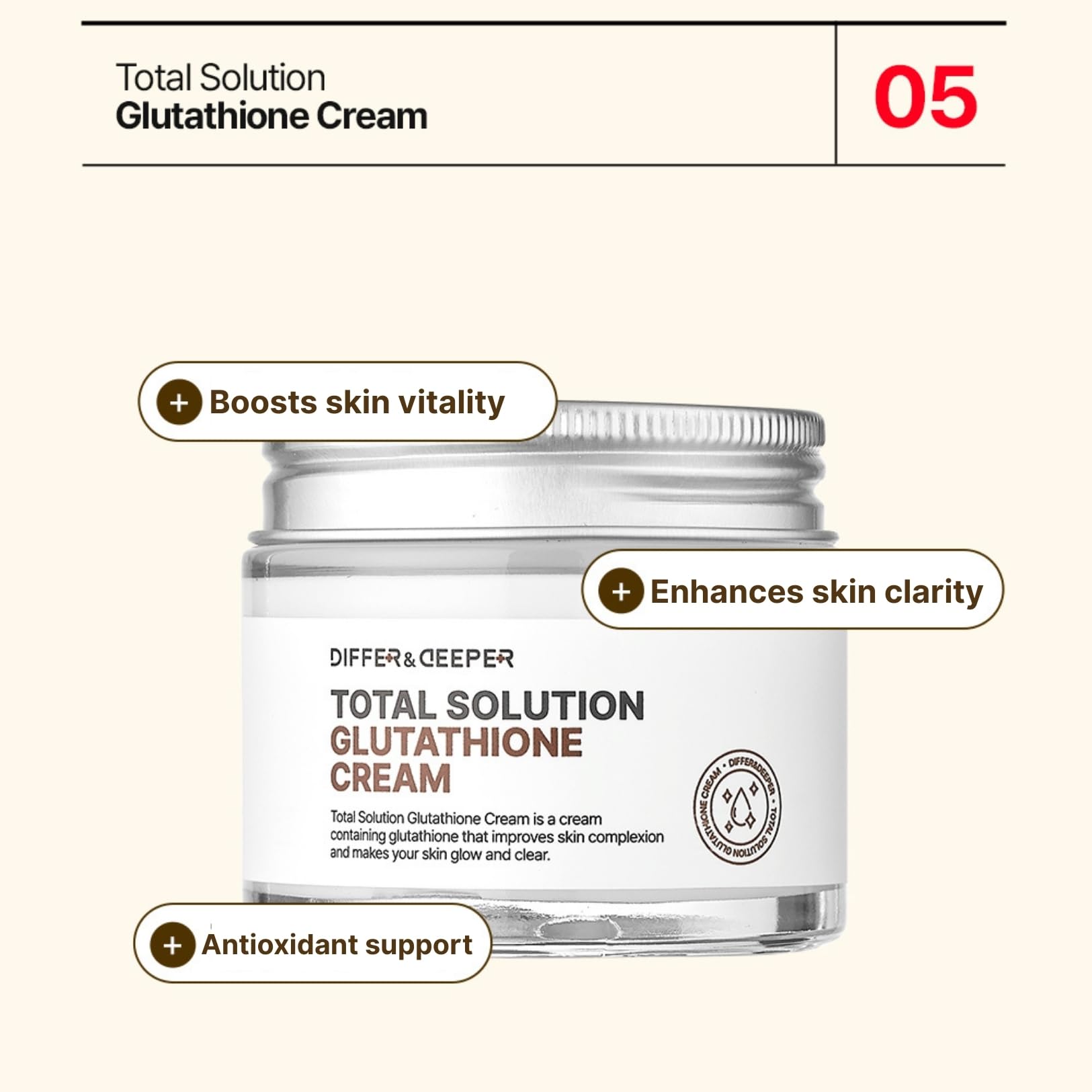 Amazon.com: Differ & Deeper Total Solution Glutathione Cream  Radiance-Boosting Antioxidant Moisturizer for Dull or Stressed Skin,  Lightweight Daily Cream, Korean Skincare 2.47oz : Beauty & Personal Care