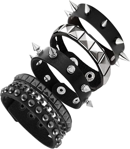 FFZDENA 4-Piece Gothic Jewellery, Punk Bracelet for Men, Studded Chain Bracelet Set, Stylish Gothic Accessories for Concer...