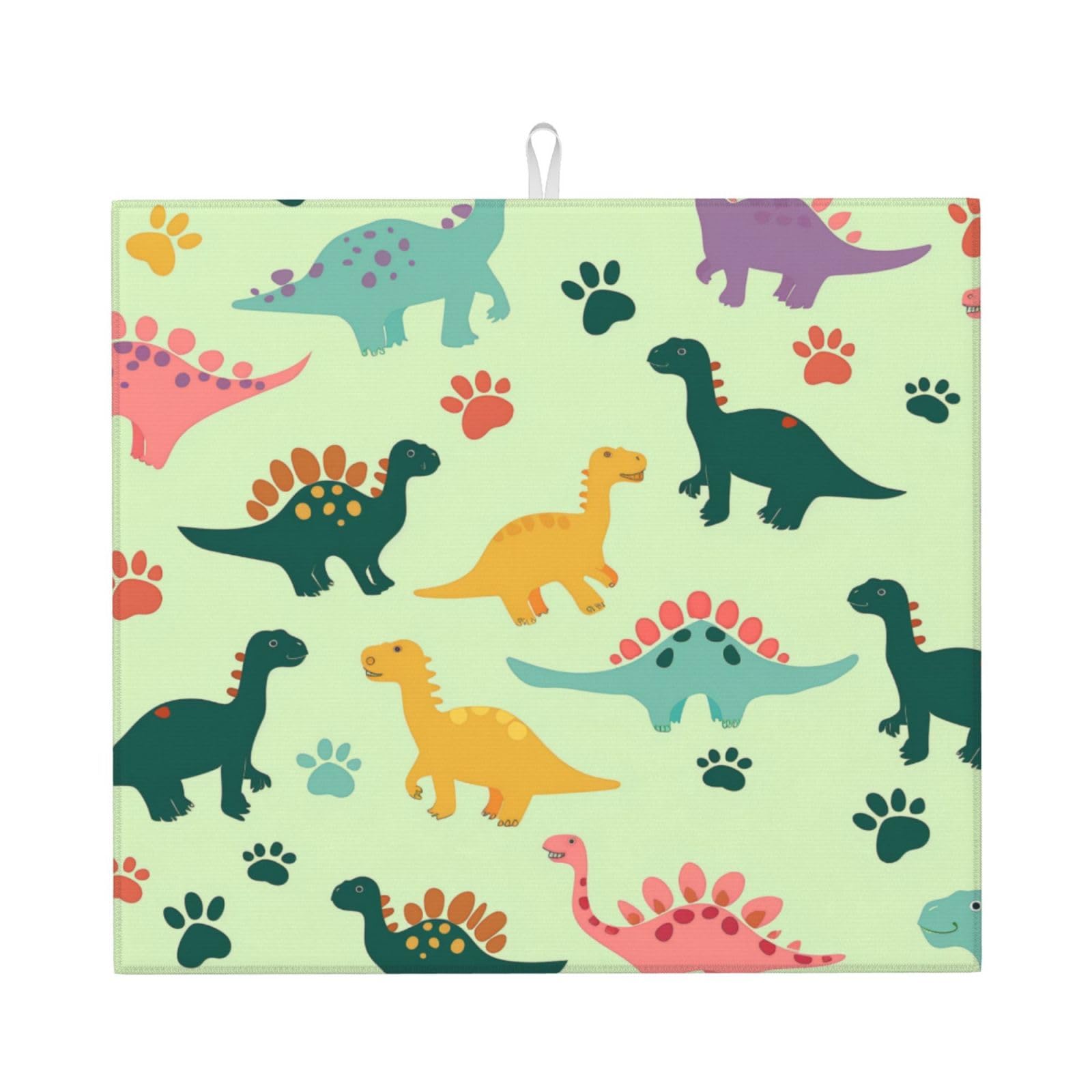 Dish Drying Mat for Kitchen Counter, Boys Dinosaur Dino Cartoon Animals Super Absorbent Dish Rack Mats with Hanging Loop, 16 X 18 Inch