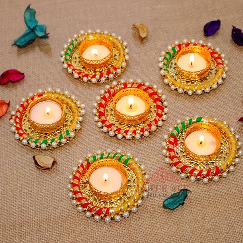 Jaipur Ace Decorative Diwali Tealight Diya | Traditional Handmade Pearl Ring Tealight/Candles Set for Home Decoration | for Ganesh Chaturthi Laxmi Pooja (Set of 6)