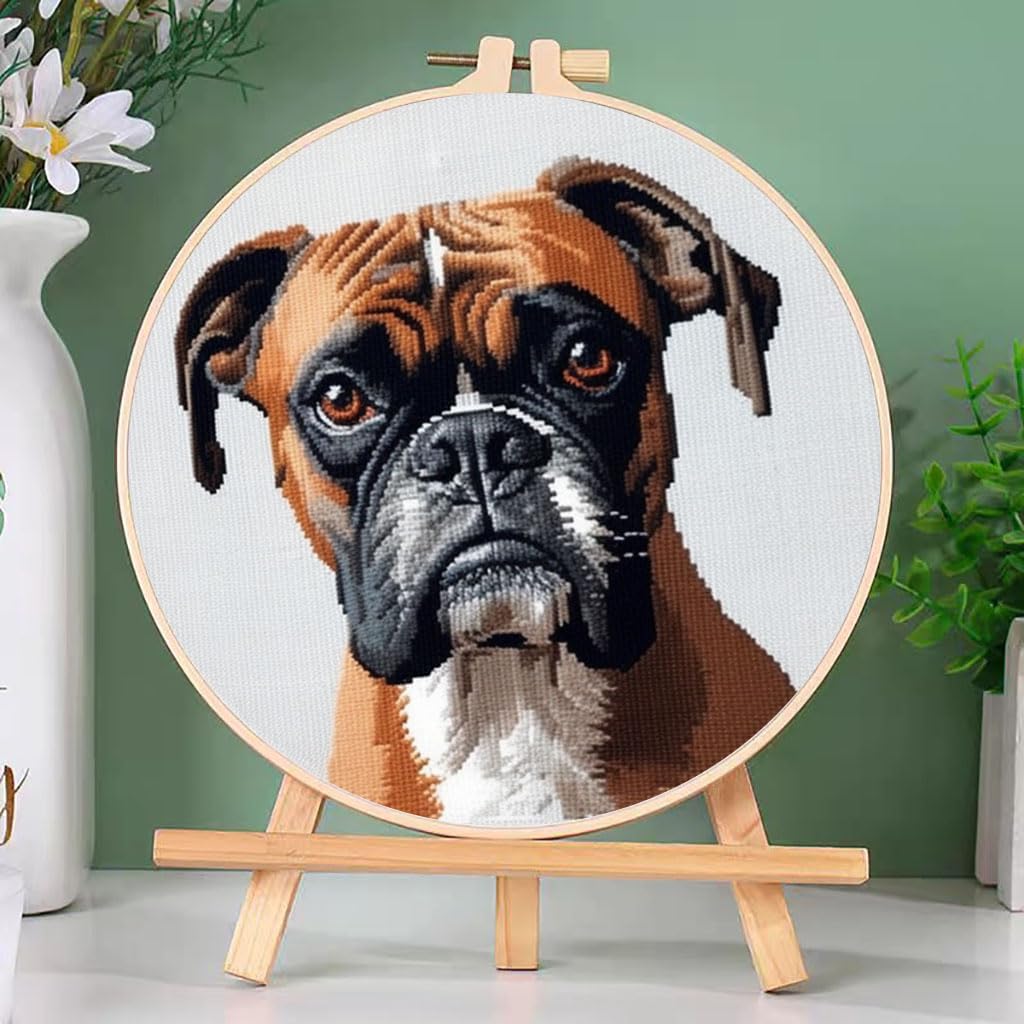 DIY Cross Stitch Kits Boxer Dog with Hoop 20x20cm-3