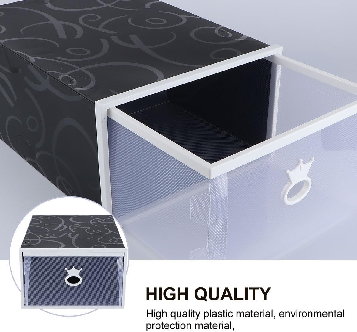 TOYANDONA Thickened Plastic Shoe Organizer Box with Drawer, Stackable Shoes Storage Case 33x23x14cm, White Frame with Black Pattern, Unisex Closet Storage for Sneakers and Boots