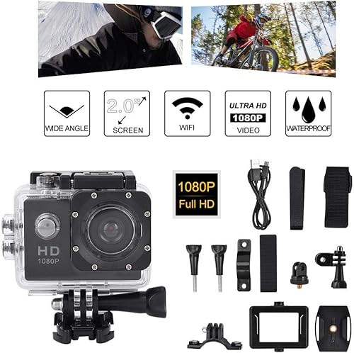 Miniatura 6 de Cámara de acción Bindpo, 1080P 30fps 12MP HD WiFi 30M impermeable Cámara deportiva 2 pulgadas pantalla táctil con accesorios para vlogging, buceo,