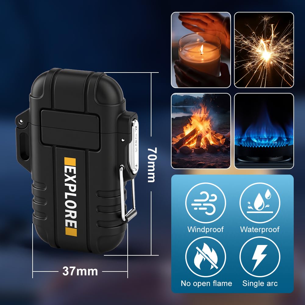 Electric Lighter Rechargeable USB C, Electronic Plasma Arc Lighter Waterproof and Windproof Weatherproof for Camping Hiking Survival, Portable Black Lighters Gifts for Men — view 6