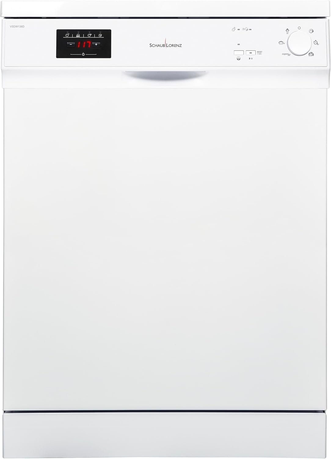 Front view of the Schaub Lorenz freestanding dishwasher, showing the control panel with LED display and program selector.