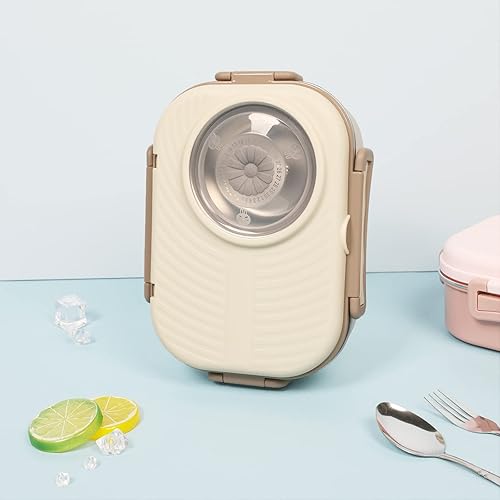 Miniatura 4 de Puraville Lonchera Bento de acero inoxidable para niños y adultos, recipientes apilables sin BPA con 3 compartimentos y tazón de salsa reutilizable,
