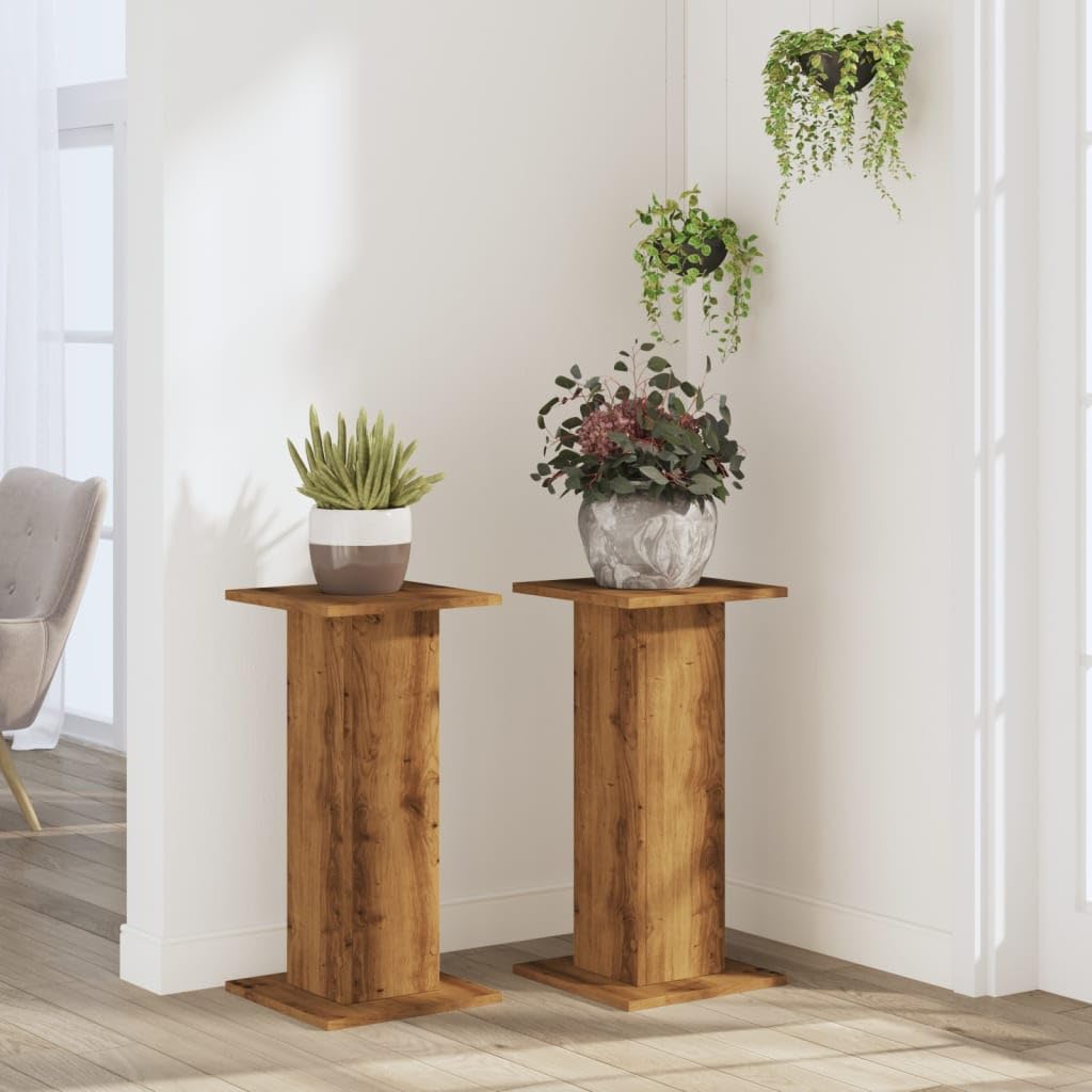 Pflanzenständer 2er Set Artisan-Eiche - Bluemensäule Holzwerkstoff für Pflanzkübel Dekosäule Eckig - 30x30x60 cm Belastbar bis 60kg Blumentopfständer Hohl Befüllbar