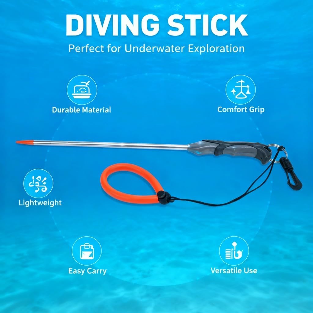 Scuba Diving Stick 316 Stainless Steel with Gray Handle and Lanyard Buckle - Durable Noise Maker Pointer Rod for Lobster, Snorkeling, and Underwater Exploration