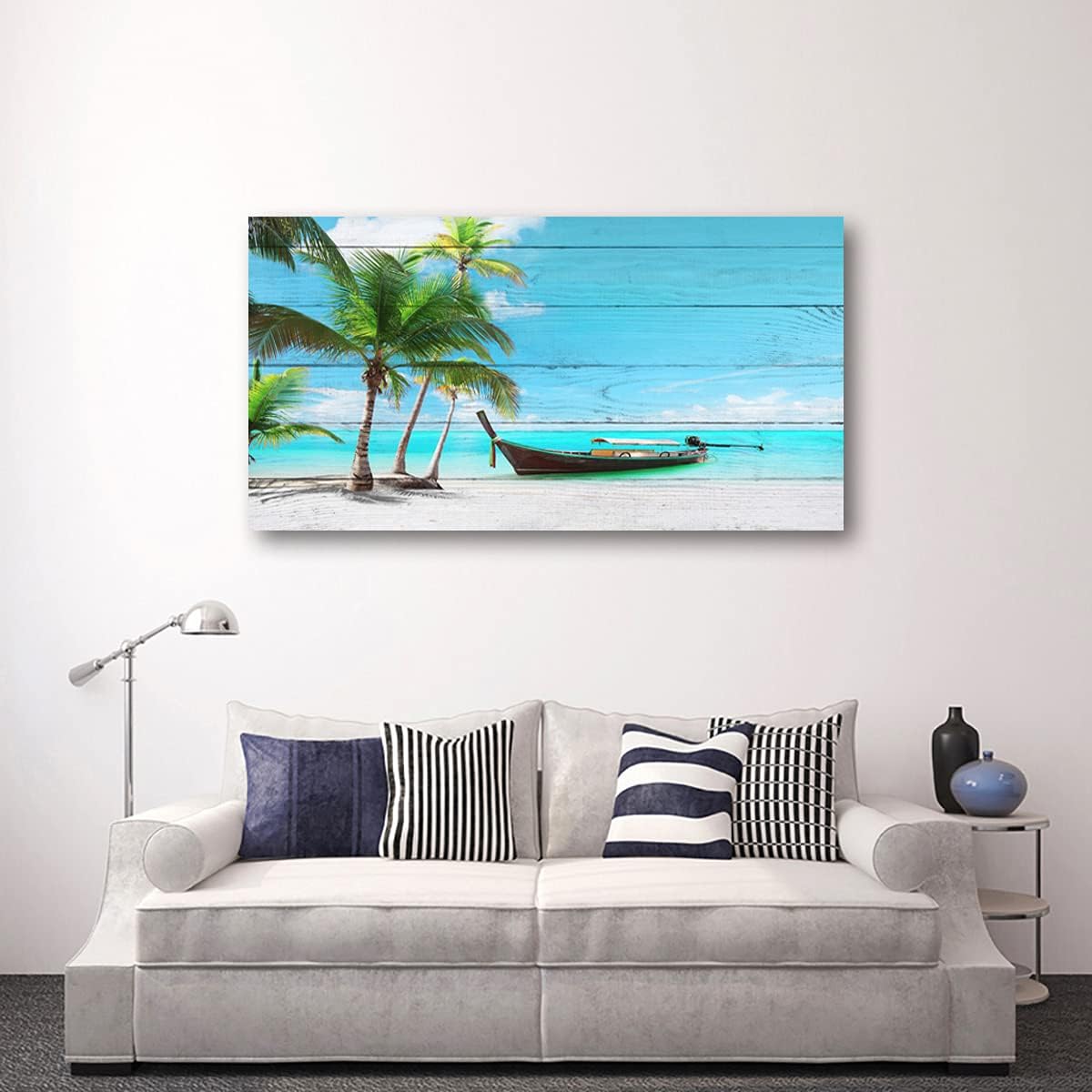 Beach Picture Canvas Prints Coconut Tree Ocean Wall Art Home Decor Natural Seascape Paintings for Living Room Bathroom Bedroom Office Kitchen Decorations Wooden Framed Landscape Artwork 20x40inchs