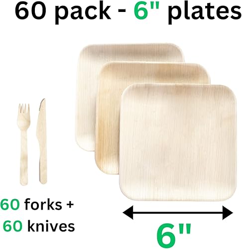 Miniatura 2 de Platos desechables de bambú (60 platos) + juego de cubiertos de madera de 120 piezas, platos de hoja de palma de 6 pulgadas, platos de fiesta de
