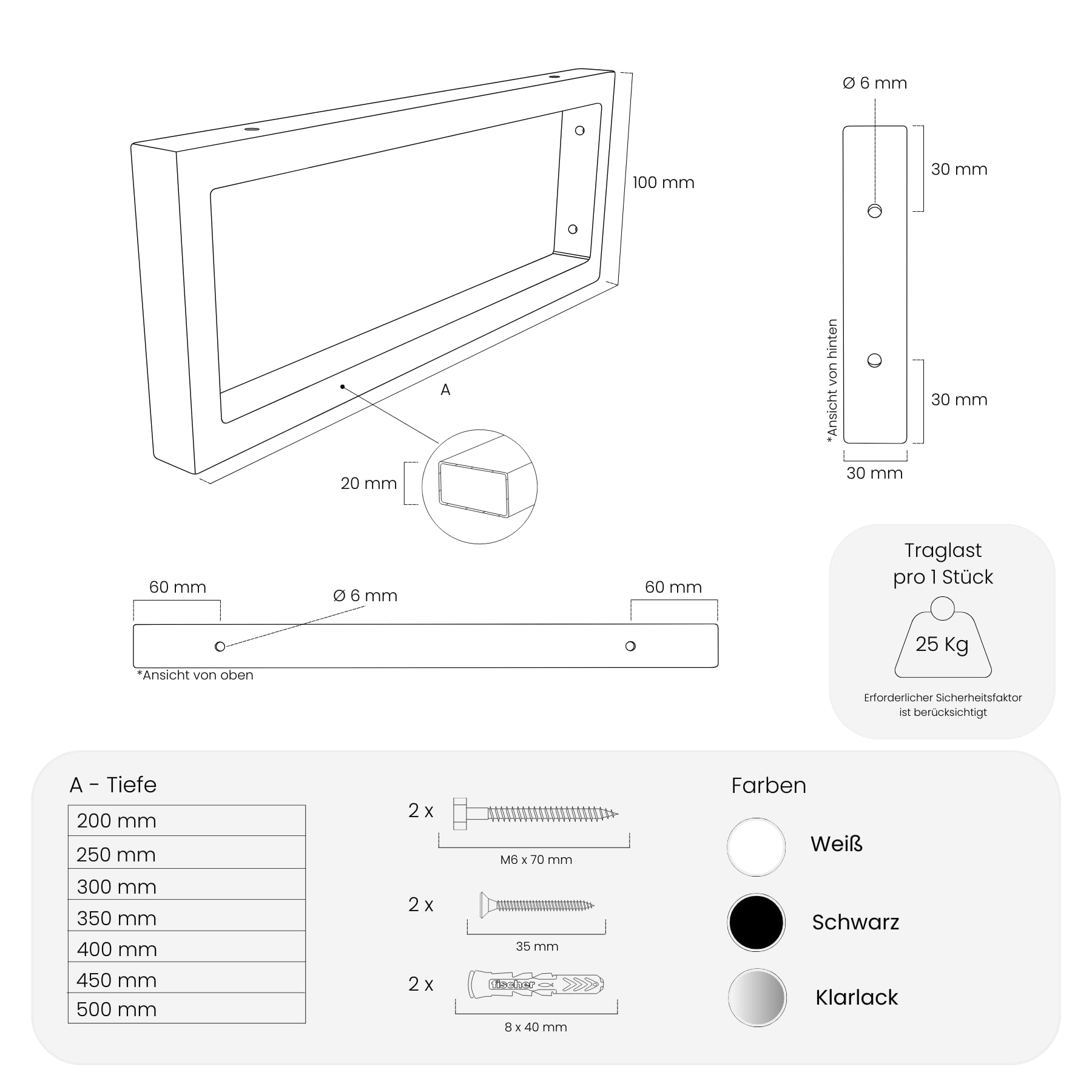 HEVVA RHEIN Soporte de lavabo de 10 cm de alto, 20/25/30/35/40/45/50 cm | Soporte para lavabo de pared o encimera | (juego de 2 unidades, barniz transparente, 35 cm)