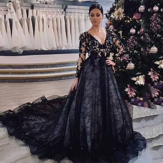 XYAYE Gothic Wedding Dresses for Bride Long Sleeve Wedding Gowns Lace Boho Bridal Gowns Black Tulle Bridal Dresses3
