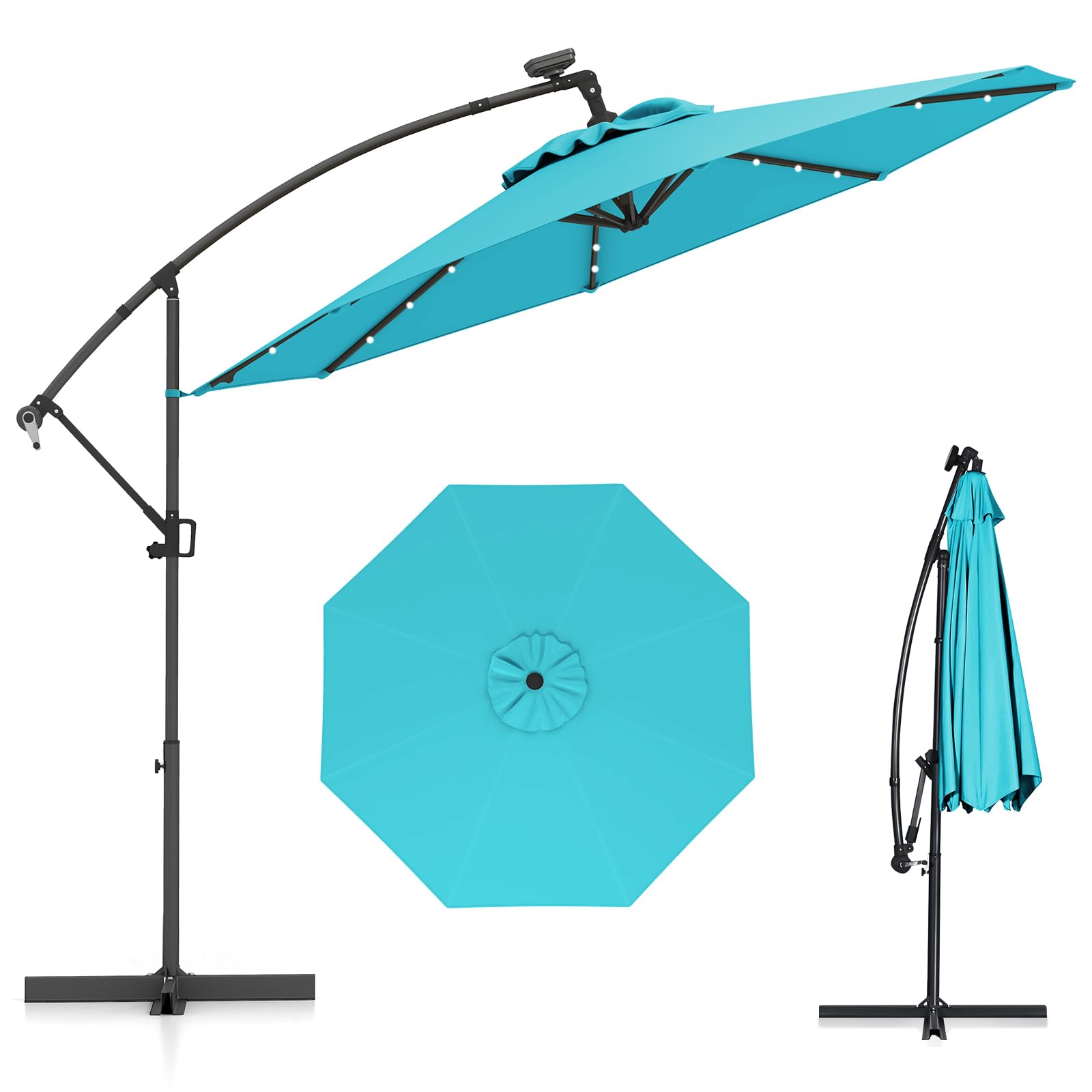 COSTWAY Sombrilla Terraza Exterior 3x3, Parasol Excentrico con 32 Luces LED Solar, Base Cruzada, Ajuste de Inclinación y Manivela, Rotación de 360°, Sombriila Jardin Terraza Balcón Patio