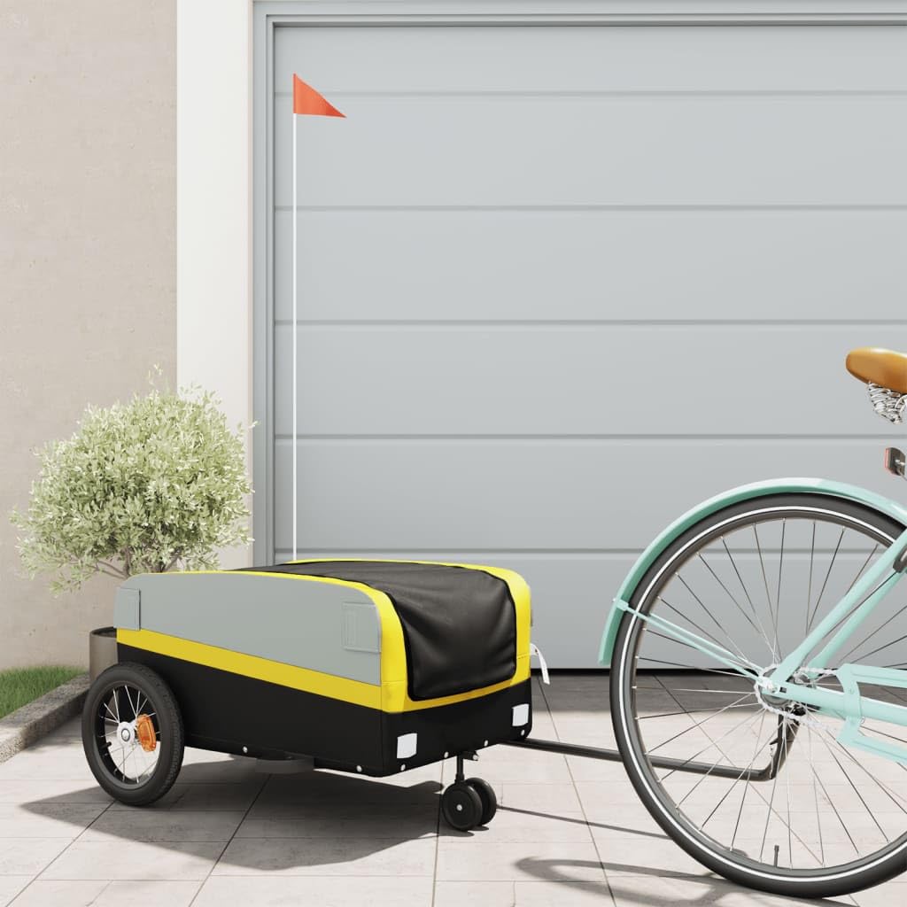 Remolque de bicicleta negro de hierro con capacidad de carga, 122 x 52,5 x 42, barra de tracción y bandera de seguridad, ideal para transporte de equipaje, compras, niños, perros y actividades