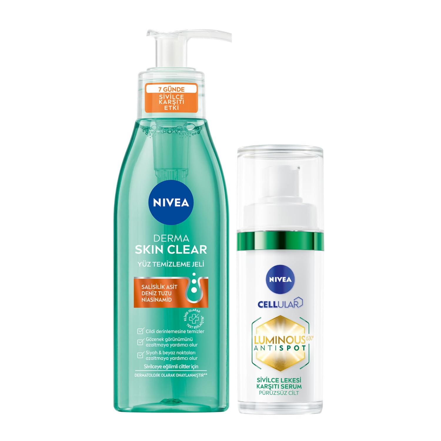NIVEA Derma Skin Clear Sivilce Karşıtı Yüz Temizleme Jeli 150 ml ve NIVEA Luminous630 Sivilce Lekesi Karşıtı Serum 30 ml