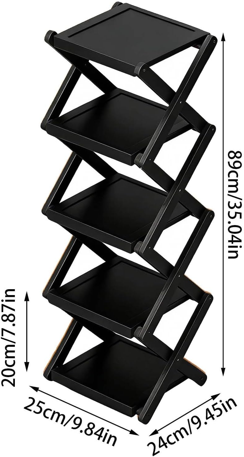Bamboo Rack for Shoes, Tall Narrow Foldable Shoe Organizer, Space-Saving Multifunctional Shelf for Entryways Corners Bedrooms, Strong Load-Bearing Capacity, No Assembly Required (Black_5 Layers)