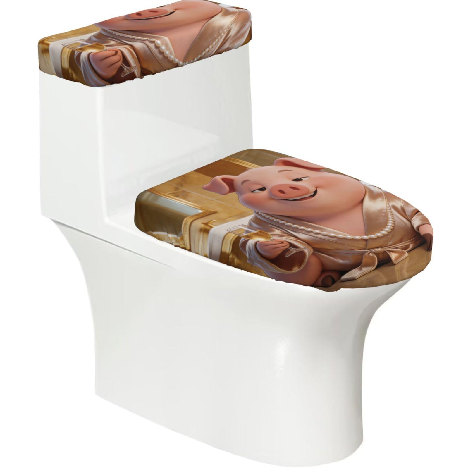 Wealthy Pig Elastic Toilet Cover Set of 2-Stretchy Lid and Tank Covers for Bathroom, Soft Washable U Shape Toilet Decor