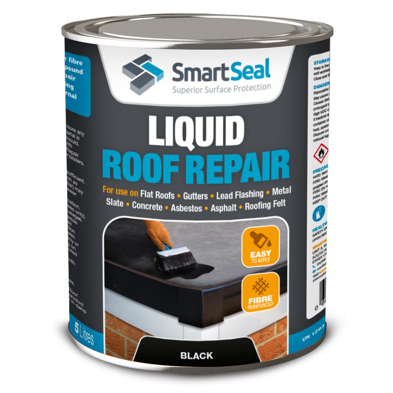 SmartSeal Liquid Roof Repair Black – 5 Litre – Liquid Roof Coating & Leak Repair Sealer for Flat Roofs, Shed Roofs, Gutters, Flashings, Metal, Concrete, Roofing Felt – Waterproof, Seamless Membrane