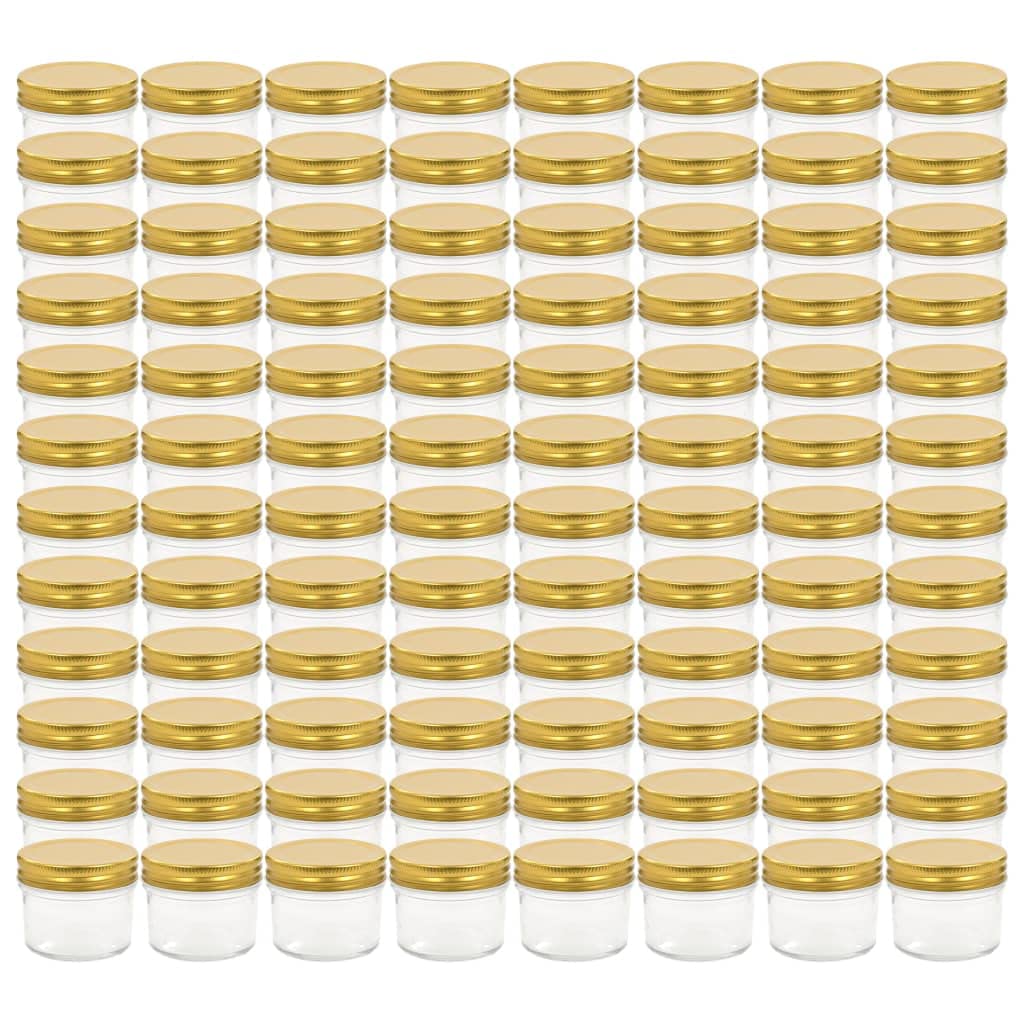 96 Stück 110 ml Marmeladengläser aus transparentem Glas mit goldenem Deckel, Einmachgläser für Marmelade, Chutney, Essiggurken, Saucen und Konfitüren, mit weitem Mund