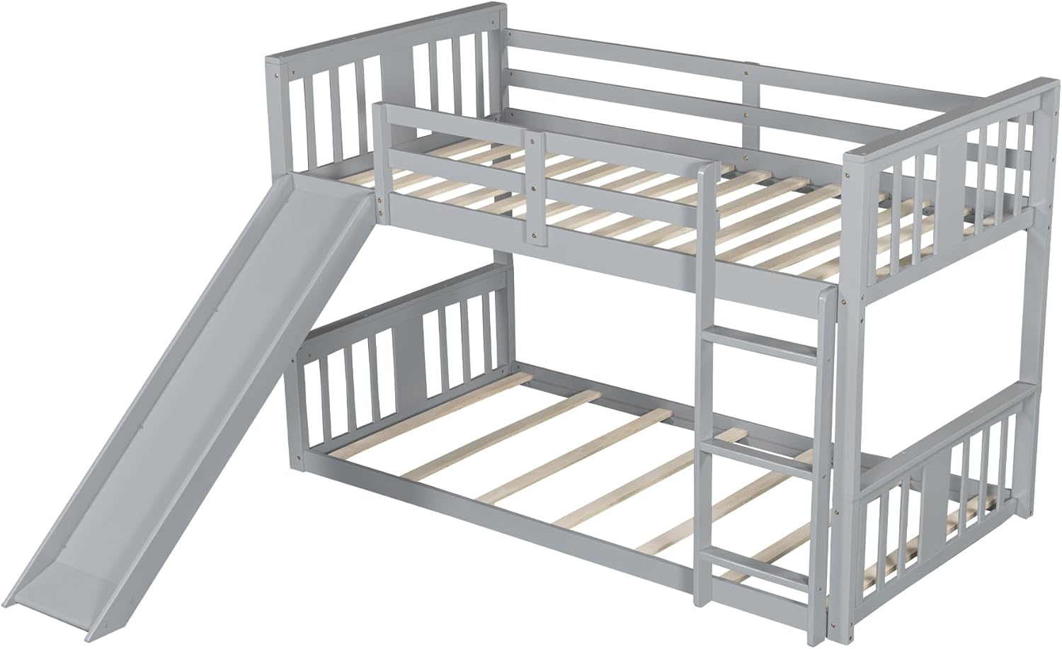 Twin Bunk Beds with Slide Low Bunk Bed Frame Wood Twin Over Twin Bunkbed for Kids Toddlers Boys Girls Bedroom, Gray