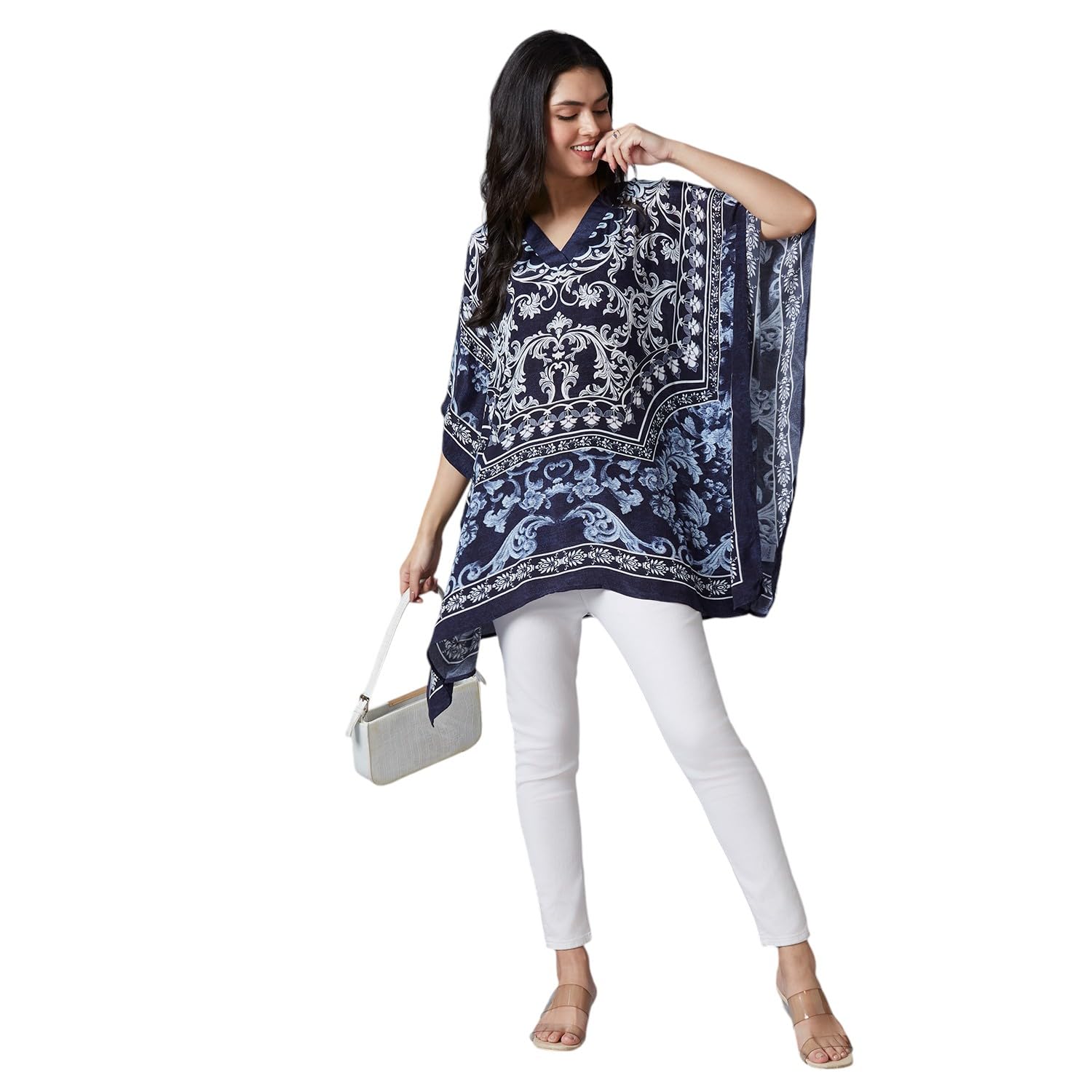 Women's || Navy Ornamental Printed Kaftan Top || Viscose Material || Shirt Top Kaftan for Women || Short Kaftan-image-25