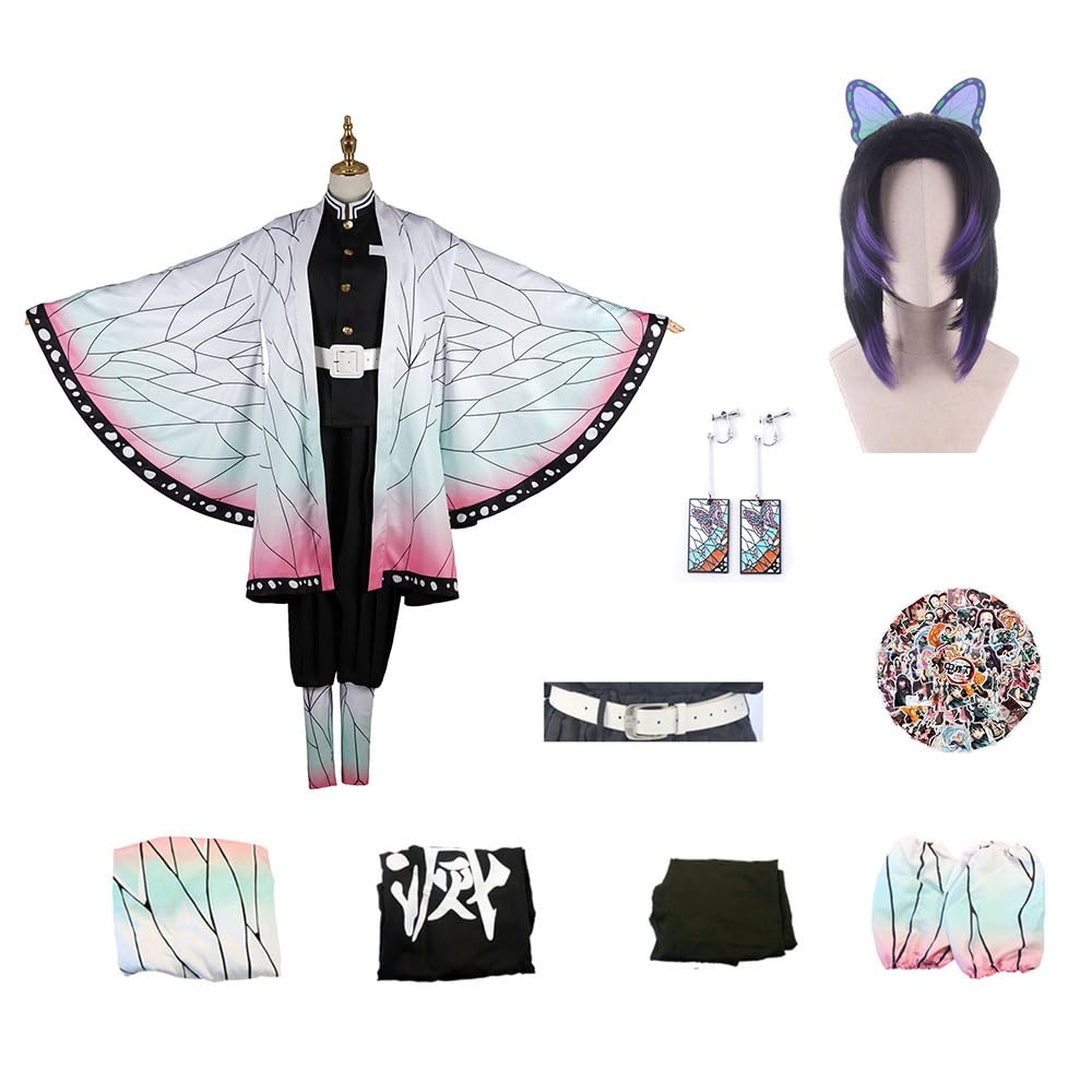 KHHK Anime Kochou Shinobu Cosplay Costume Set Outfit,Demon Kimono Cloak Uniform Full Set (Wig+Earring) For Men Boys, Halloween Christmas Carnival Party (XXL)