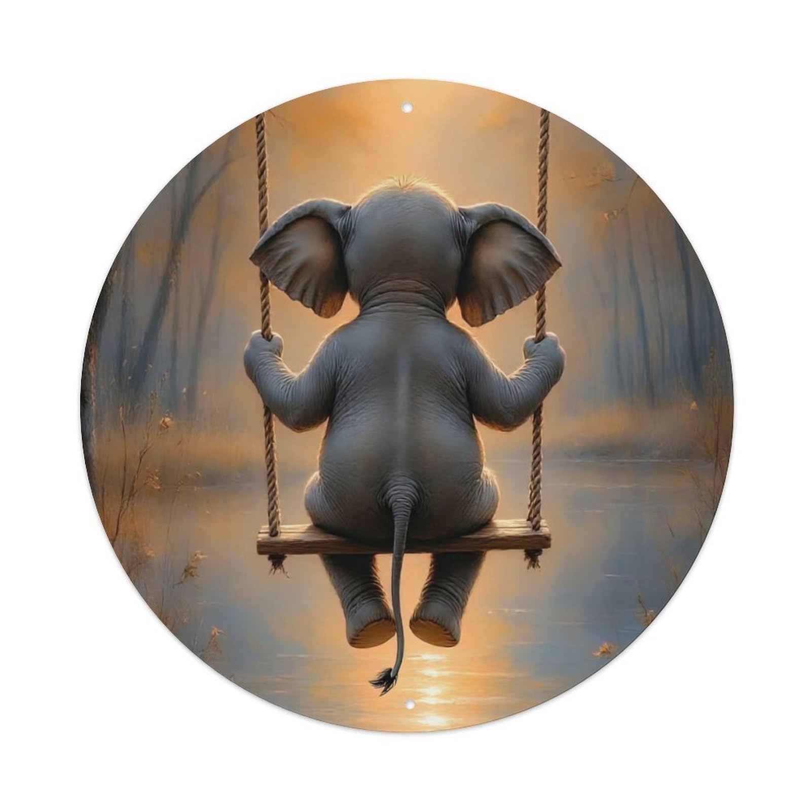 Animal Asian Elephant Baby Swing Serene Forest Sunset Water Reflection Vintage Metal Tin Sign Plaque Wall Decor for Cafe, Club Bar, Office, Garden Metal Poster 8x8Inch