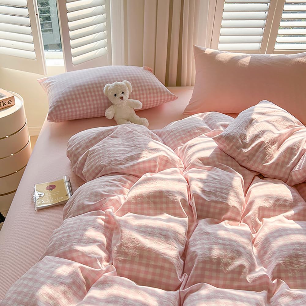 Funda de edredón de 220 x 240 cm, diseño de cuadros, color rosa y blanco, moderno, juego de cama para adultos, 2 personas, funda nórdica de microfibra, ropa de cama con cremallera y 2